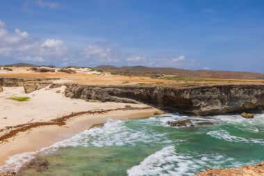 Güzel okyanus kıyısı manzarası. Mavi-yeşil su, sarı kum ve mavi gökyüzü. Aruba. 