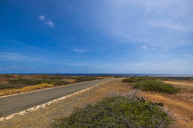 Aruba adasındaki taştan doğal park çölünün güzel manzarası. Karayip denizinin arka planına karşı araçlar için asfalt yol. Aruba.