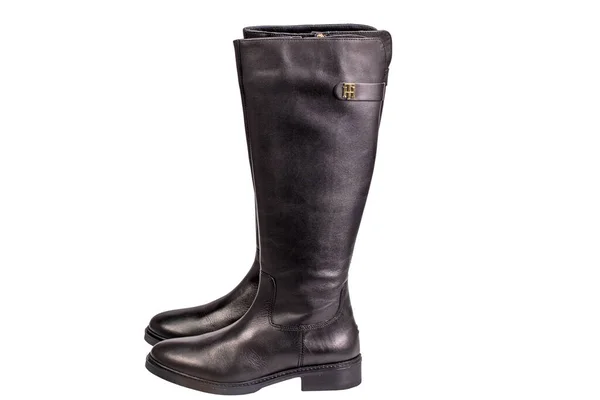 Close View Black Leather Knee High Tommy Hilfiger Boots Isolated — Stock Photo, Image