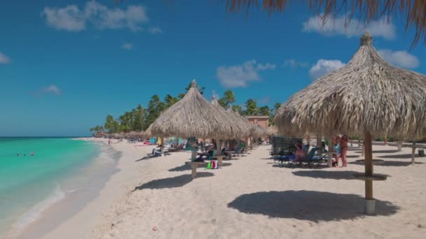 砂浜のイーグルビーチで太陽の傘の下でサンラウンジャーに横たわっている人々と大西洋の海の美しい景色 アルバだ オラニエスタッド 2023 — ストック動画