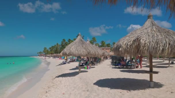 砂浜のイーグルビーチで太陽の傘の下のサンラウンジャーに横たわっている人々と大西洋の海の景色 アルバだ オラニエスタッド 2023 — ストック動画