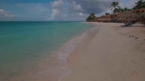 Όμορφη Θέα Ξαπλώστρες Και Ομπρέλες Στην Αμμώδη Παραλία Στην Πρώτη — Αρχείο Βίντεο