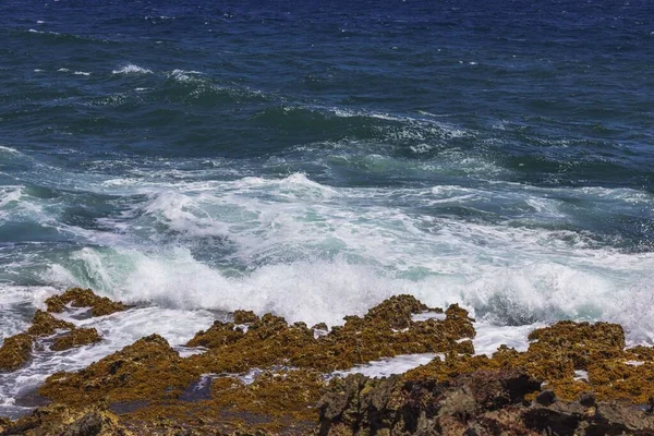 アルバ島の東海岸の岩の海岸で破壊大西洋の大きな波の美しい景色 — ストック写真