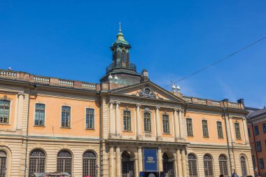 Noble Prize Müzesi 'nin mavi gökyüzü arka planındaki görüntüsü. Stockholm, İsveç. 
