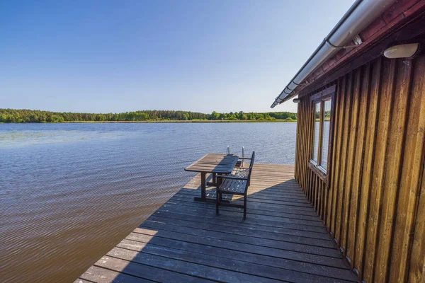 Beautiful View Backyard Villa Located Lake Old Wooden Patio Sweden — Stock Photo, Image