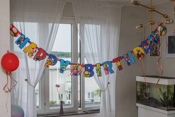 stock image Beautiful interior view of room decorated with colorful Happy birthday letters. Sweden. 