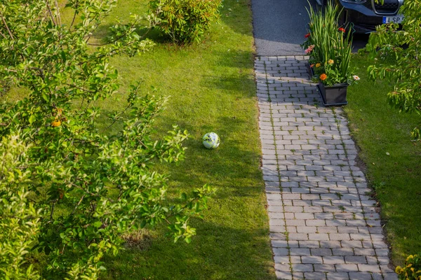 Beautiful Top View Villa Garden Landscape Pavement Car Parking Soccer — Stock Photo, Image
