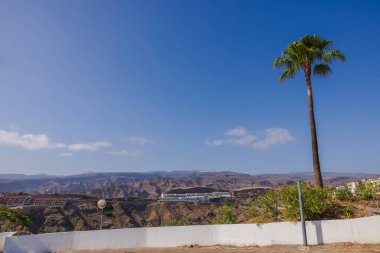 Arka planda palmiye ağaçları ve otellerle Gran Canaria 'nın dağlık manzarası. İspanya.