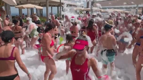 Beautiful View People Having Fun Foam Party Organized Outdoor Pool — Stockvideo
