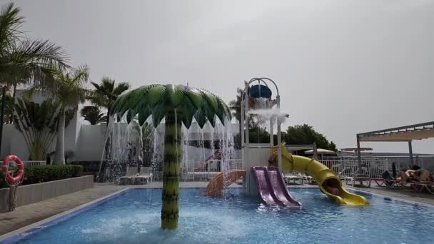 호텔의 손님과 장식적인 야자수 나무에 슬라이드와 수영장의 카나리아 스페인 슬로우 — 비디오