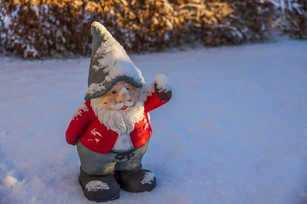 Widok Bliska Postać Świętego Mikołaja Gnoma Stojącego Śniegu Ogrodzie Zimowym — Zdjęcie stockowe