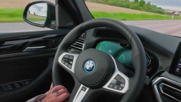 Close View Woman Driver Driving New Bmw Ix3 Sport Black — Stock Video