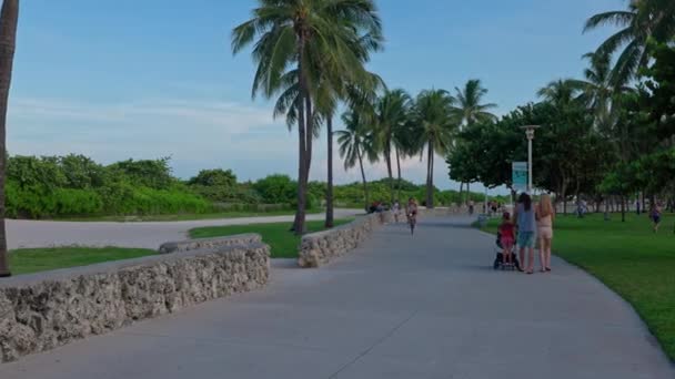 Vacker Utsikt Över Parkområdet Ocean Drive Miami Beach Med Människor — Stockvideo