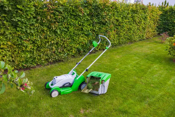 Close-up view of electric lawn mower on trimmed lawn. Sweden.