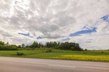 Aydınlık bir yaz gününde güzel bir kır manzarası. Beyaz bulutların altındaki yeşil alanlar. İsveç.