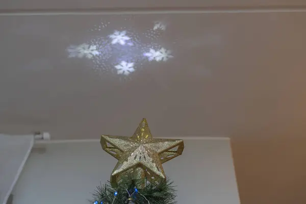 Schöne Ansicht Von Goldstern Elektrische Spitze Auf Weihnachtsbaum Die Schneeflocken — Stockfoto