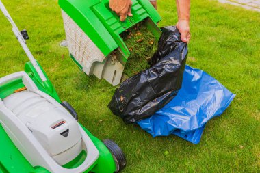 Çim biçme sepetinden çimen parçalarını bahçedeki plastik poşete döken adamın görüntüsü. İsveç.