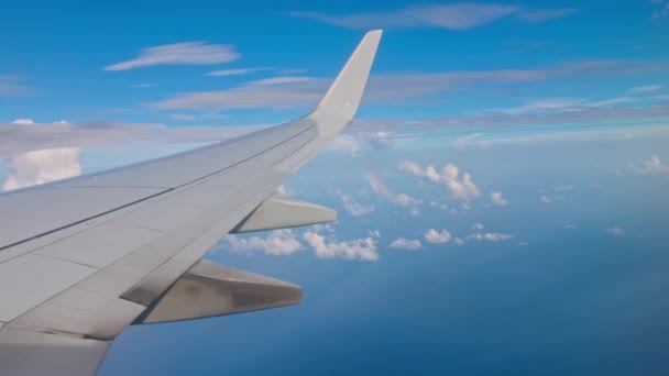 Bela Vista Asa Aeronave Nuvens Brancas Raras Fundo Céu Azul — Vídeo de Stock