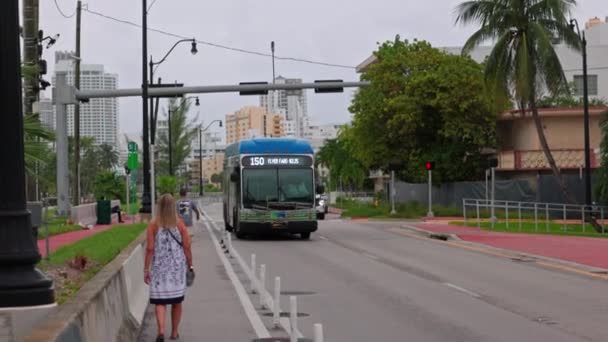 Miami Beach Schilderachtige Snelweg Waar Bus Haalt Man Van Bushalte — Stockvideo