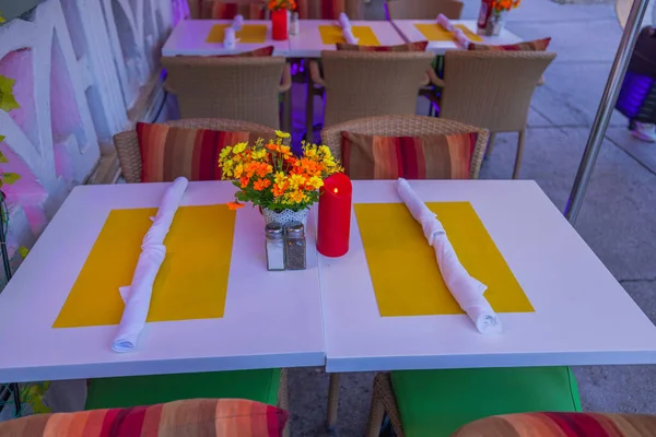 Close-up view of table setting at restaurant on Ocean Drive in Miami Beach.
