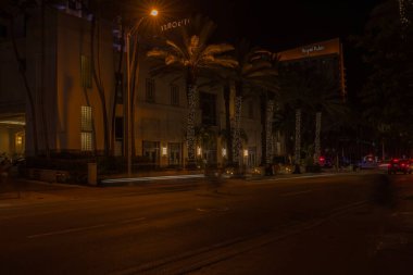 Şehir manzarası gece Miami Beach caddesi, parlak ışıklarla süslenmiş palmiye ağaçları. Miami Plajı. ABD. 