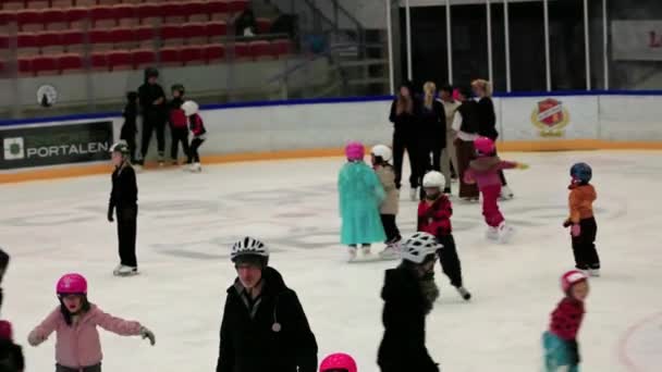 アイススケートリンク付きスポーツコンプレックス 子供と大人の両方 氷の上を楽しくスケートしています — ストック動画