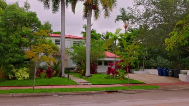 Utsikt Över Bostadsområdet Miami Beach Med Charmiga Blommande Tropiska Växter — Stockvideo