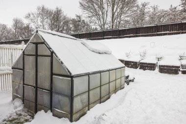 Soğuk bir kış gününde karla kaplı serası olan özel bir bahçe manzarası. İsveç.