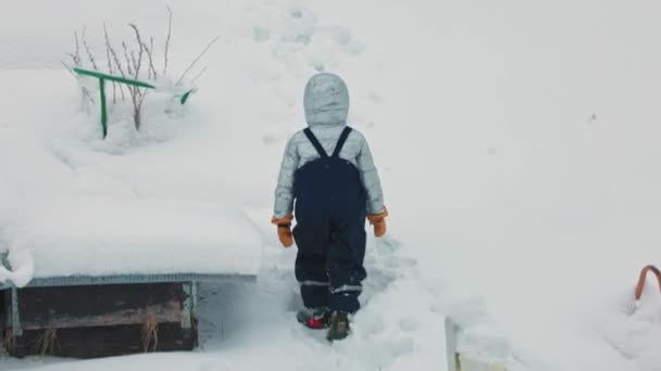 Kilátás Gyermek Felmászni Egy Dombra Beágyazott Nyomok Hóban Ábrázolása Téli — Stock videók
