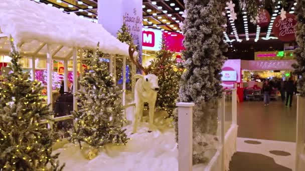 Mensen Versierde Hoek Voor Kerstactiviteiten Voor Shoppers Bij Winkelcentrum Granby — Stockvideo