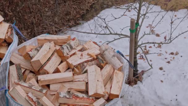 Top View Transport Bags Birch Firewood Winter Spring Day Sweden — Stock Video