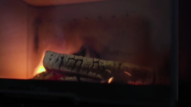 Zbliżenie Widok Kominek Domu Płonącym Drewnem Brzozowym Tworząc Ciepłą Przytulną — Wideo stockowe