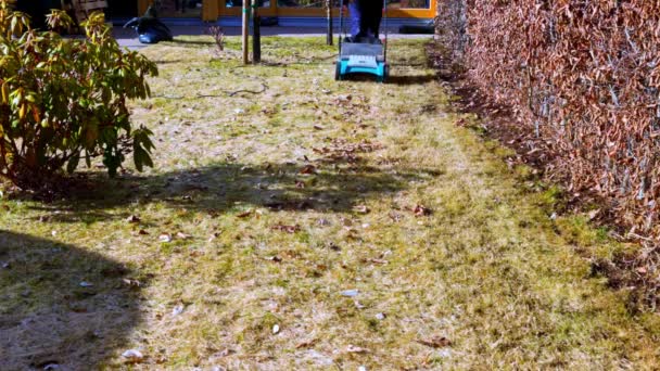 春の日に庭で電気芝生エレベーターを使用して土壌の健康と草の成長を改善します スウェーデン — ストック動画