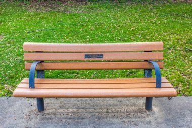 New Jersey parkında yeşil çimlerle çevrili bir park bankının görüntüsü. New Jersey 'de. ABD.