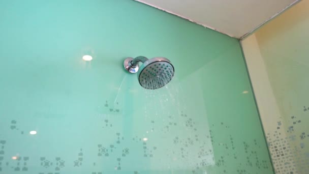 Közelkép Víz Áramlását Falra Szerelt Zuhanyrózsa Szálloda Fürdőszobájában Elválasztva Egy — Stock videók