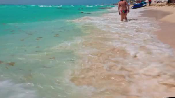 Piękny Widok Fale Morza Karaibskiego Toczenia Się Piaszczystej Plaży Ludźmi — Wideo stockowe