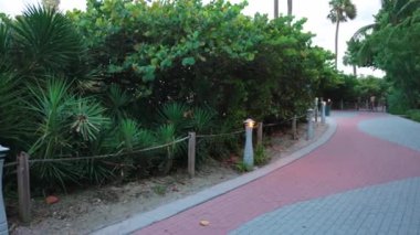 İnsanların Atlantik Okyanusu boyunca yürüdüğü Walking Street 'in akşam manzarası. Miami Plajı. ABD.