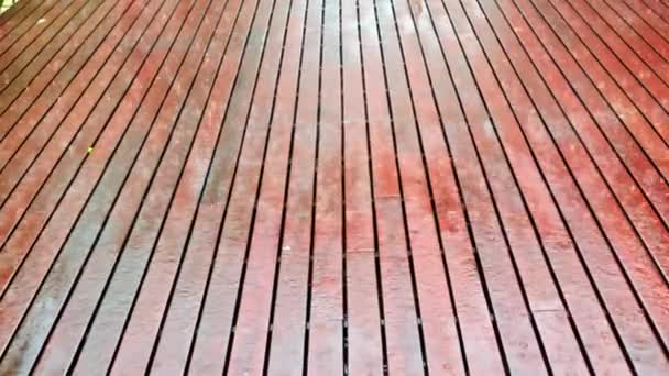 Close View Wooden Deck Outdoor Restaurant Torrential Rain Mexico — Vídeo de stock