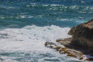 Karayip Denizi 'nin güzel manzarası Aruba adasının kayalık sahillerine çarpıyor..