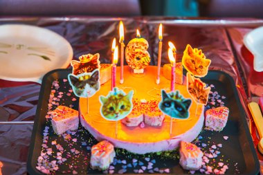 Bir çocuğun 6. yaş günü kutlaması için mum yakılmış kedi temalı pasta yakın plan..