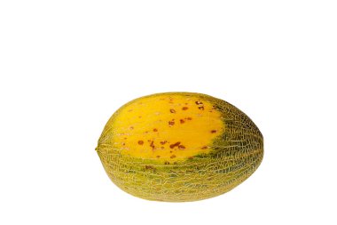 Beyaz arkaplanda izole edilmiş olgun kavunun yakın görüntüsü.