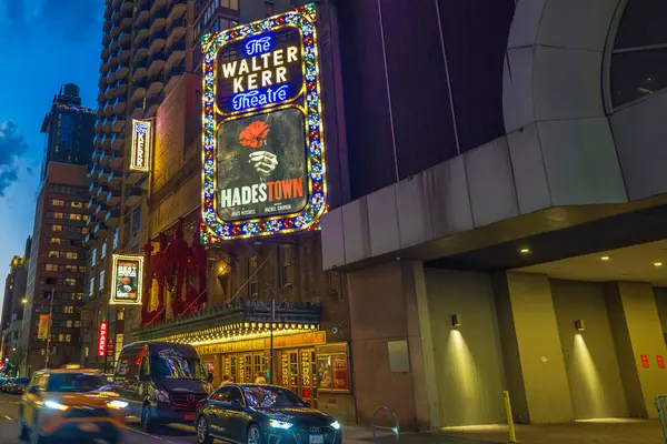 stock image Beautiful view of Walter Kerr Theatre in New York City at dusk, showcasing vibrant marquee for musical 