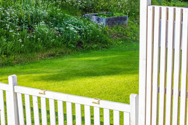 stock image Beautiful view of green lawn in villa enclosed by white wooden fence between neighbors. Sweden.