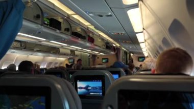 SAS Airbus kabinine yakın çekim. Amerika 'ya gidecek yolcular bekliyor. İsveç. Arlanda.