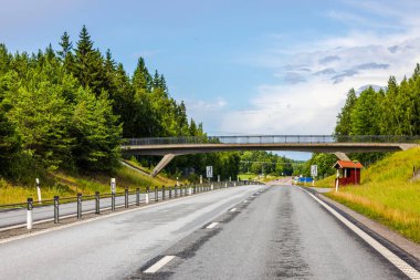 Otobüs durağı ve yaya köprüsü olan yaz otobanı sahnesi, ormanın kanadı, mavi gökyüzünün altında, arka planda beyaz bulutlar var. İsveç.