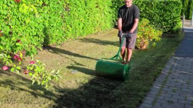 Bahçedeki çimlerin üzerinde toprak yayıcı kullanarak çimleri restore eden bir adam. İsveç.