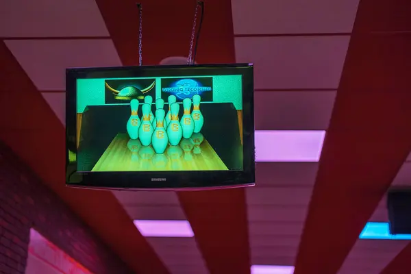 stock image Close up view of bowling alley with TV screen showing pins and scoring. 