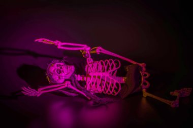 Spooky skeleton figure lit in eerie purple light, lying on the ground as part of Halloween decorations. Sweden. clipart