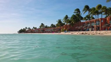 Kartal Sahili 'nin kumsalında özel oteller, palmiye ağaçları, güneş şemsiyeleri ve Karayip Denizi' nde şezlonglar.. 