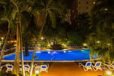 Geceleri Miami Beach Oteli 'nde palmiye ağaçları ve şezlonglarla çevrili aydınlık bir yüzme havuzu. ABD.